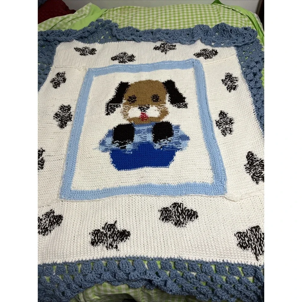 Crochet Afghan Baby Puppy Dog Handmade Blanket‎ Paws Blue White Brown  50x60